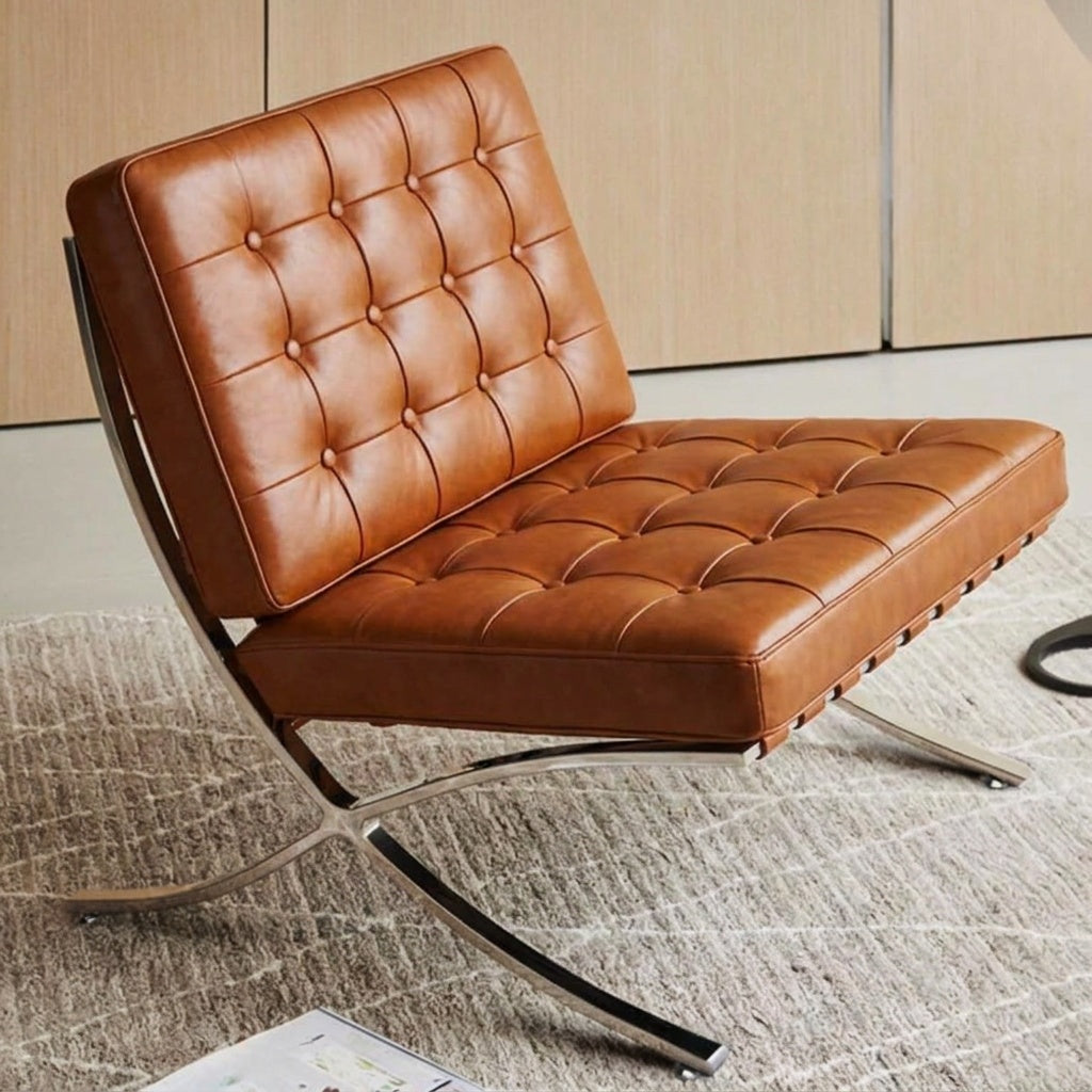 Inspired Barcelona Style Leather Lounge Chair and Ottoman — Brown Oiled Leather, Compact Seat (23.5″L)