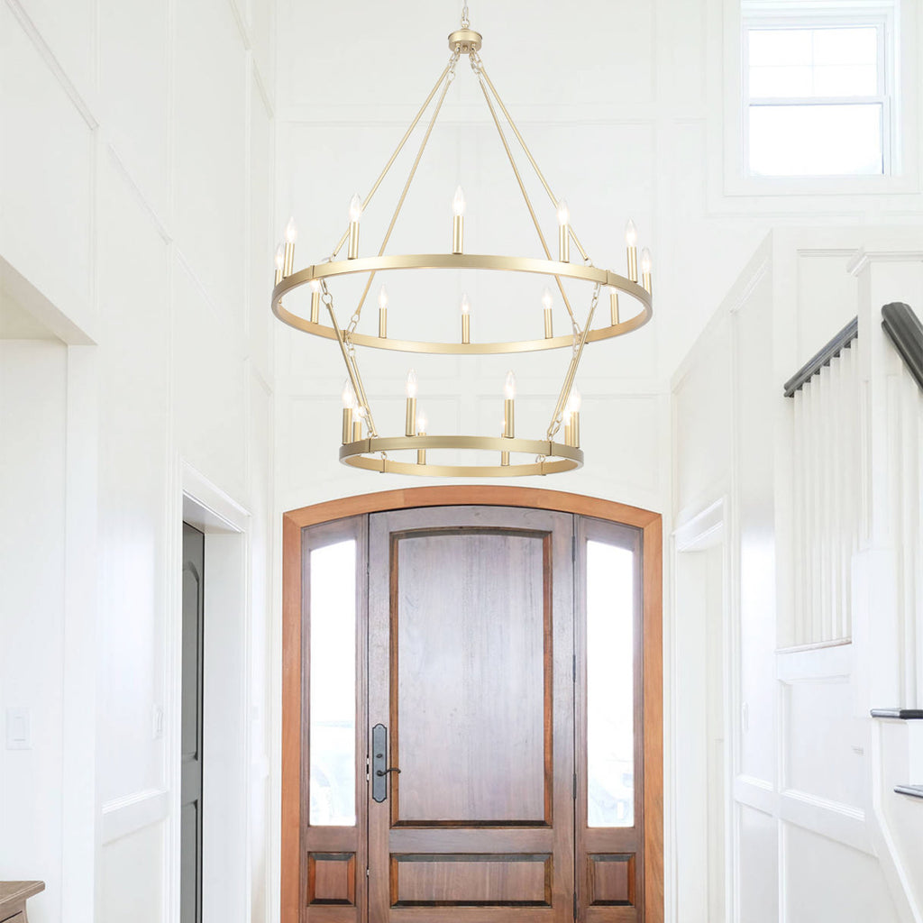 Wiam 40 in. 20 Light 2-Tiers Candle Style Dimmable Farmhouse Wagon Wheel Chandelier for Entryway Living Room Bedroom Foyer