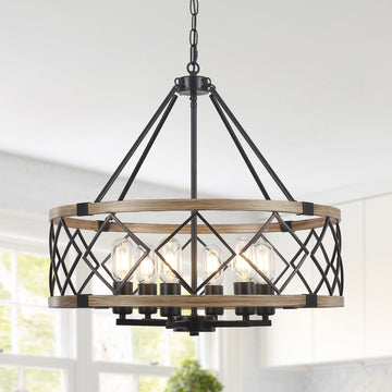 Williston Forge 6-Light 21.65" Dimmable Farmhouse Geometric Drum Chandelier Ceiling Lights for Foyer Kitchen Island Living Room