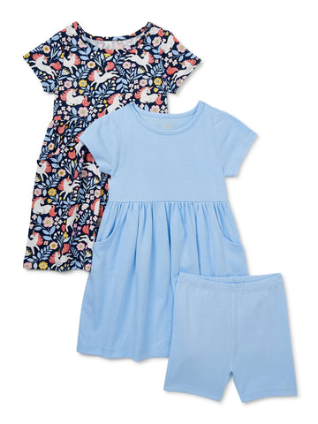 Baby and Toddler Girl Knit Dress with Pockets and Biker Shorts Set, 3 Piece