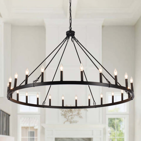Yeraldine 24-Light Lagre Dimmable Wagon Wheel Chandelier Farmhouse Round Vintage Candle Style Light for Living Room, Foyer, Entryway