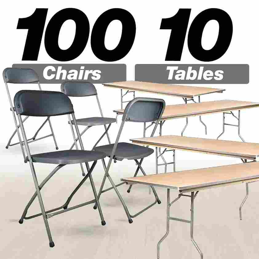 100 Pack Plastic Folding Chair and 10 96" (8 Foot) Rectangular Plywood Banquet Table