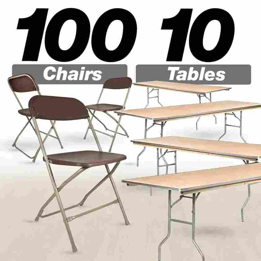 100 Pack Plastic Folding Chair and 10 96" (8 Foot) Rectangular Plywood Banquet Table