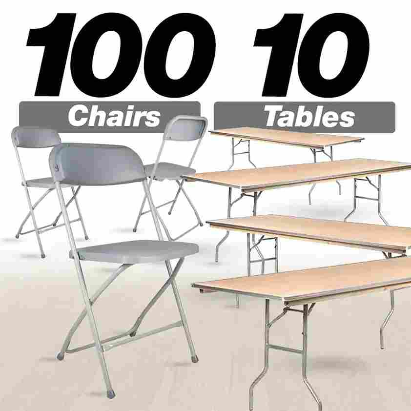 100 Pack Plastic Folding Chair and 10 96" (8 Foot) Rectangular Plywood Banquet Table