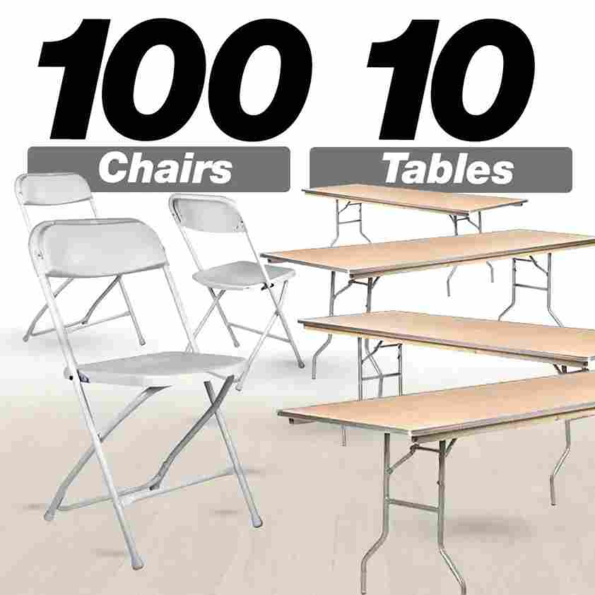 100 Pack Plastic Folding Chair and 10 96" (8 Foot) Rectangular Plywood Banquet Table