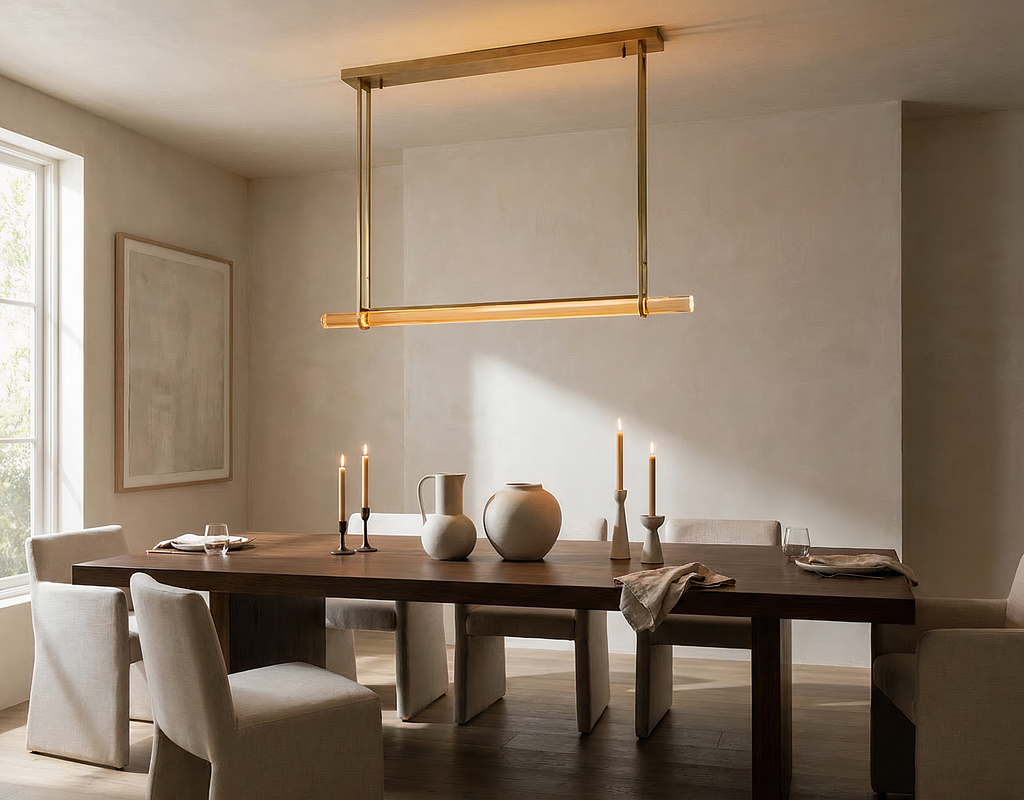 Inspired Audubon Style Crystal 1-Bar Linear Chandelier 60.5" - Gold in Elegant Room
