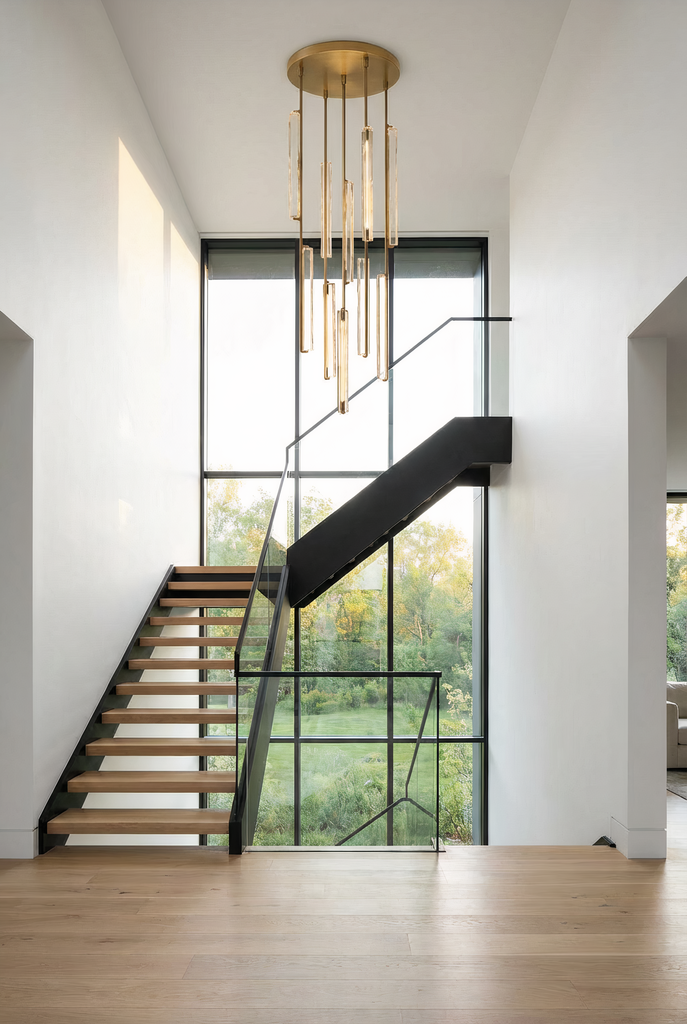 Inspired Audubon Style Crystal Round Chandelier 24.5" - Gold in Stairwell Setting