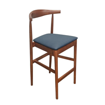 Walnut Finish Horn Wood 27.17" Standard Bar Height Bar Stool with Navy Blue Vinyl Cushion