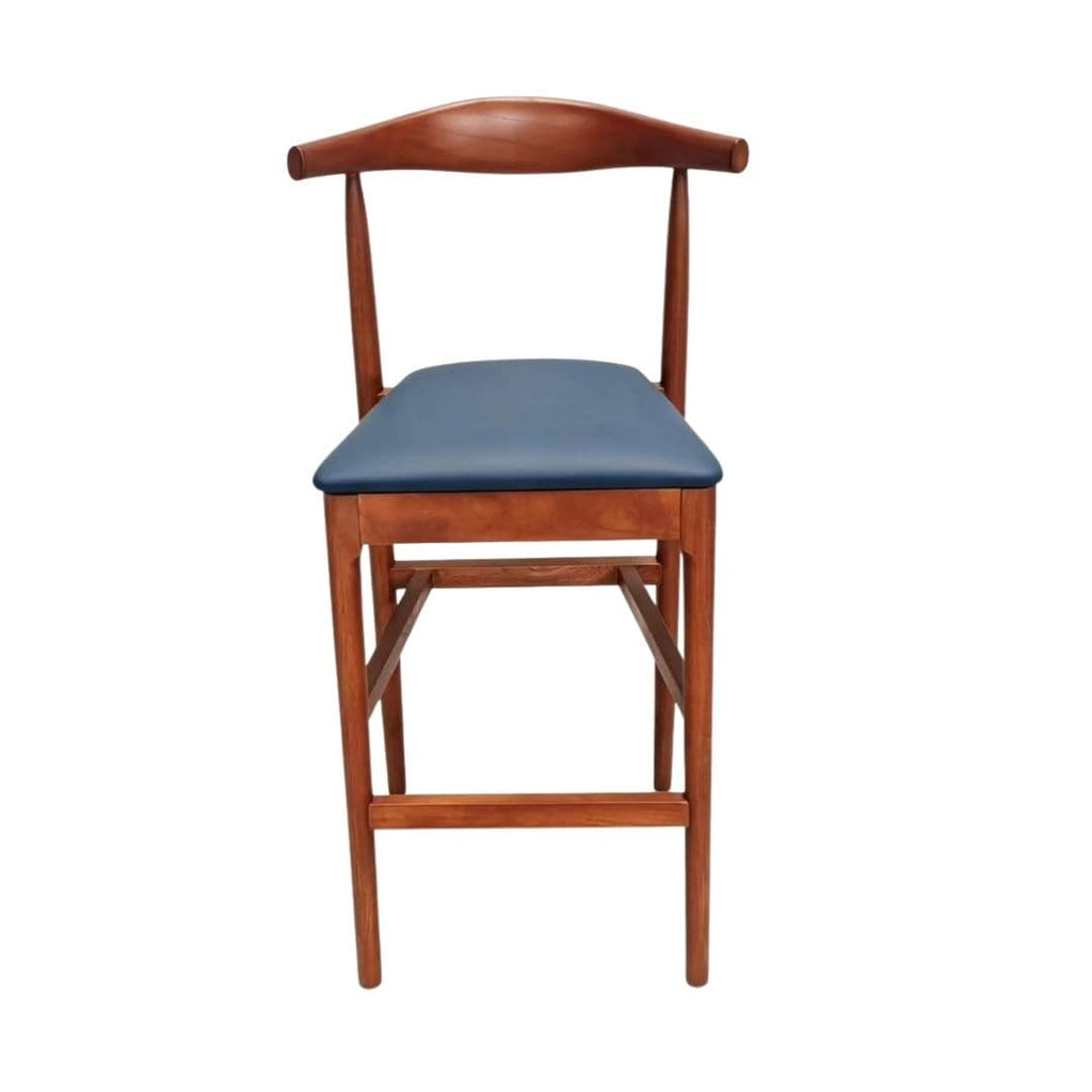 Walnut Finish Horn Wood 27.17" Standard Bar Height Bar Stool with Navy Blue Vinyl Cushion