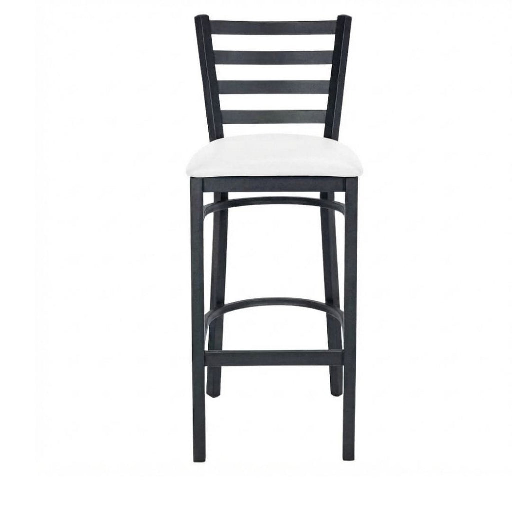 Black Ladder Back Restaurant Bar Stool with White Vinyl Seat