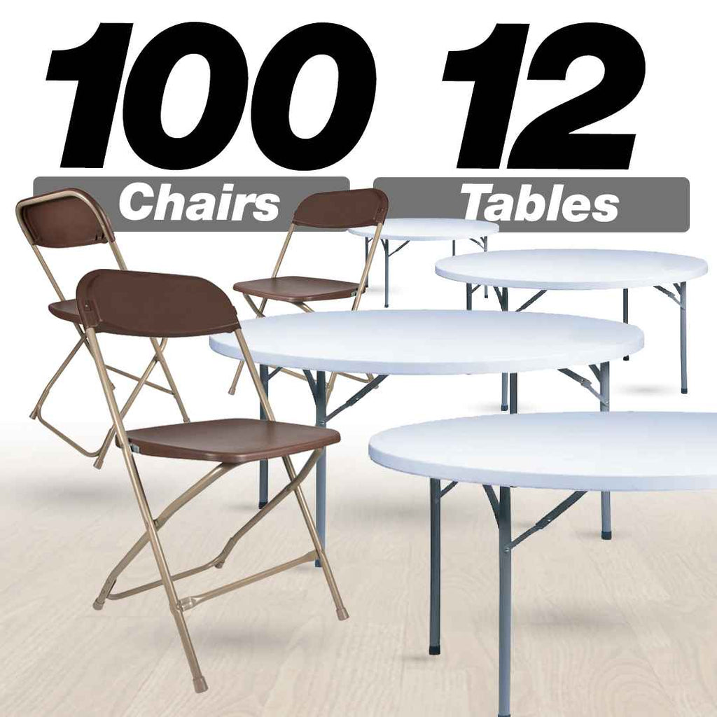 100 Pack Plastic Folding Chair and 12 60" (5 Foot) Round Plastic Folding Table