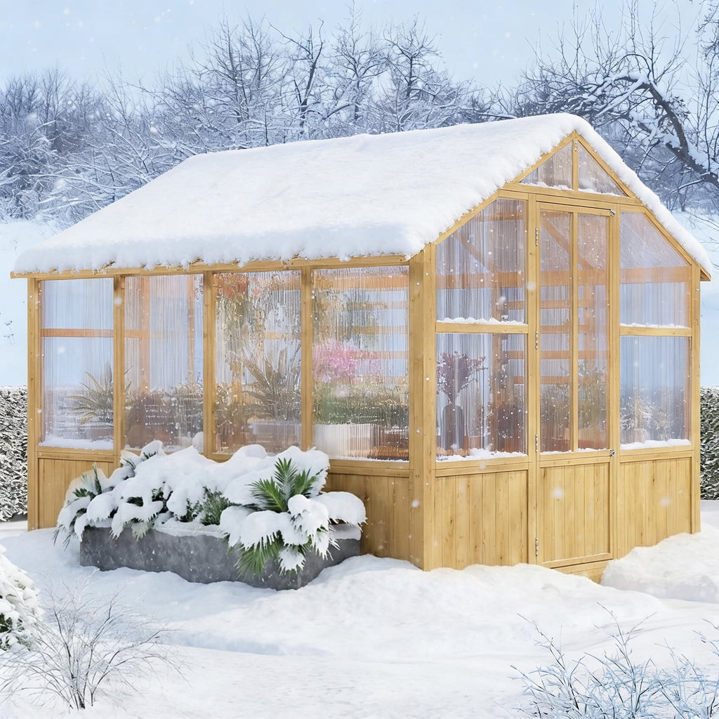 8x8 FT Outdoor Wooden Walk-In Greenhouse, Heavy Duty Cedar Frame with Polycarbonate Panels & Adjustable Roof Vents