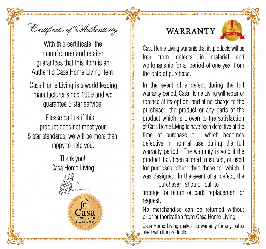Casa Home Living certificate of authenticity and one year warranty