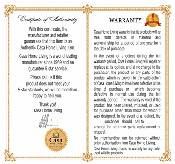 Casa Home Living certificate of authenticity and one year warranty