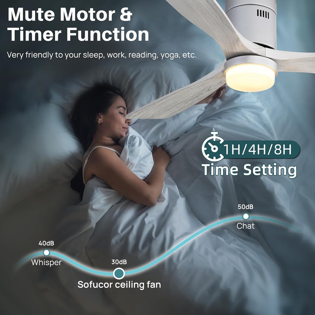 52 inch wood flush mount ceiling fan with dimmable LED light and remote, grey washed blades