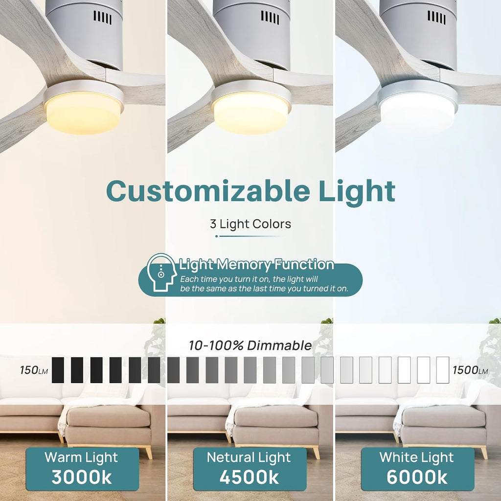 52 inch wood flush mount ceiling fan with dimmable LED light and remote, grey washed blades