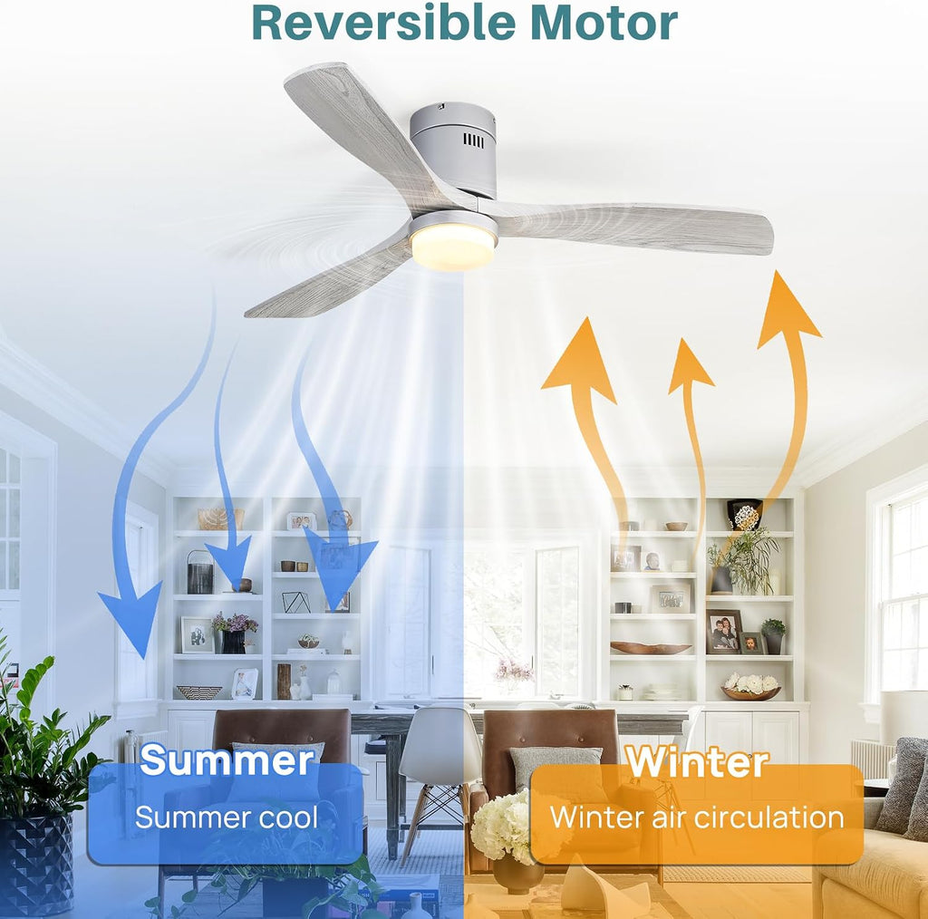 52 inch wood flush mount ceiling fan with dimmable LED light and remote, grey washed blades