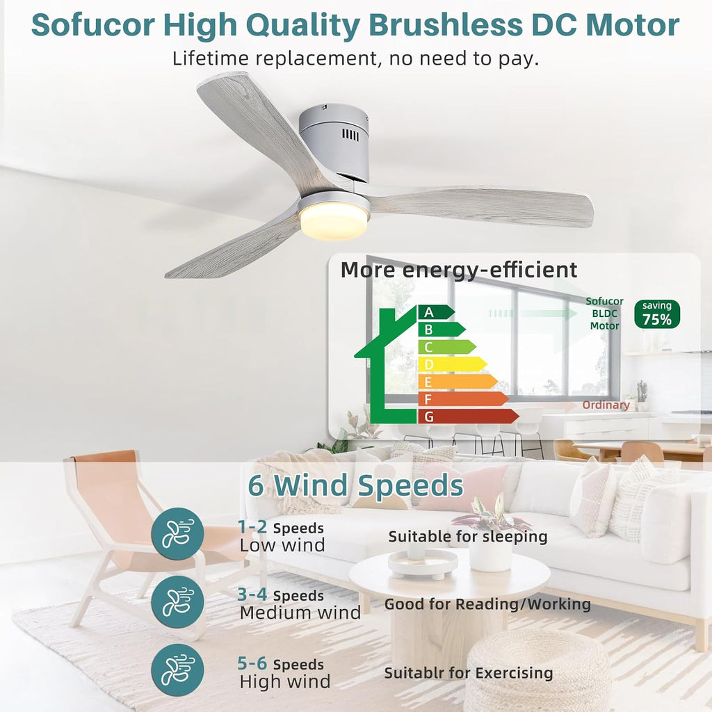 52 inch wood flush mount ceiling fan with dimmable LED light and remote, grey washed blades