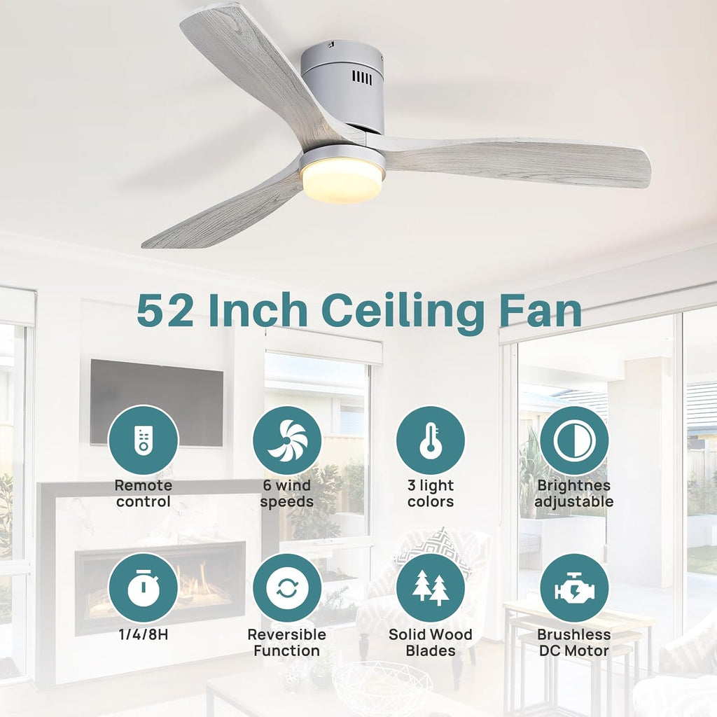 52 inch wood flush mount ceiling fan with dimmable LED light and remote, grey washed blades