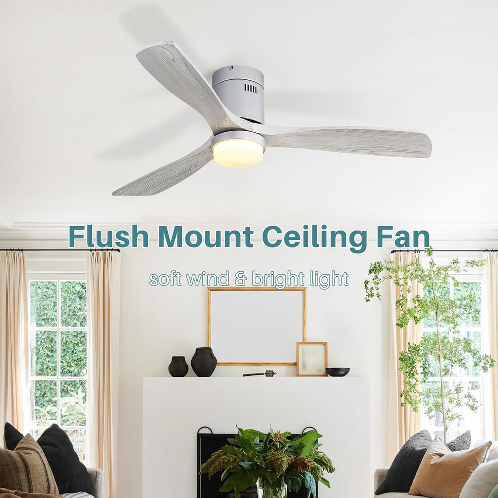 52 inch wood flush mount ceiling fan with dimmable LED light and remote, grey washed blades