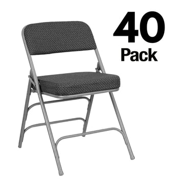 40 Pack Black Folding Metal Chairs with Gray Frame, Gray Fabric Seat and Three Curved Back Bars