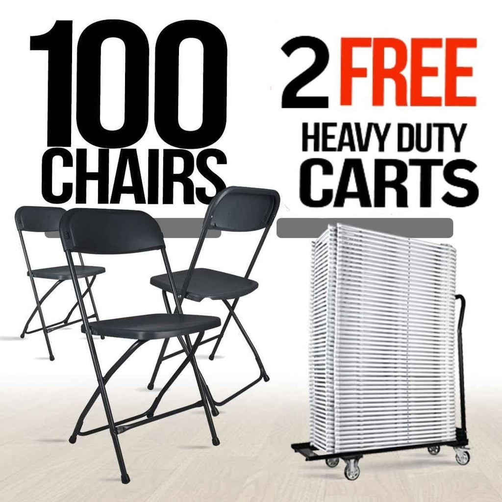 100 Plastic Folding Chair Bundle with 2 Heavy Duty Carts and Safety Straps