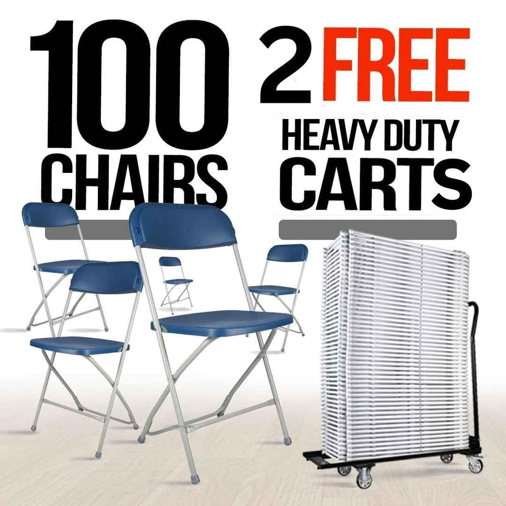 100 Plastic Folding Chair Bundle with 2 Heavy Duty Carts and Safety Straps