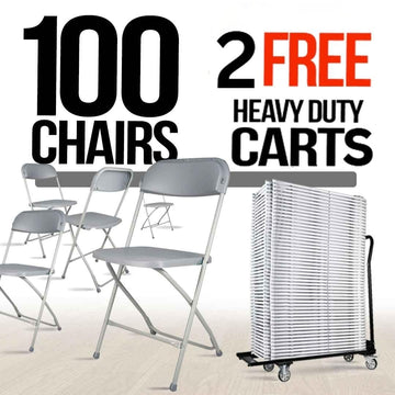 100 Plastic Folding Chair Bundle with 2 Heavy Duty Carts and Safety Straps