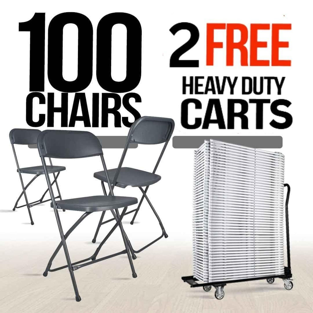 100 Plastic Folding Chair Bundle with 2 Heavy Duty Carts and Safety Straps