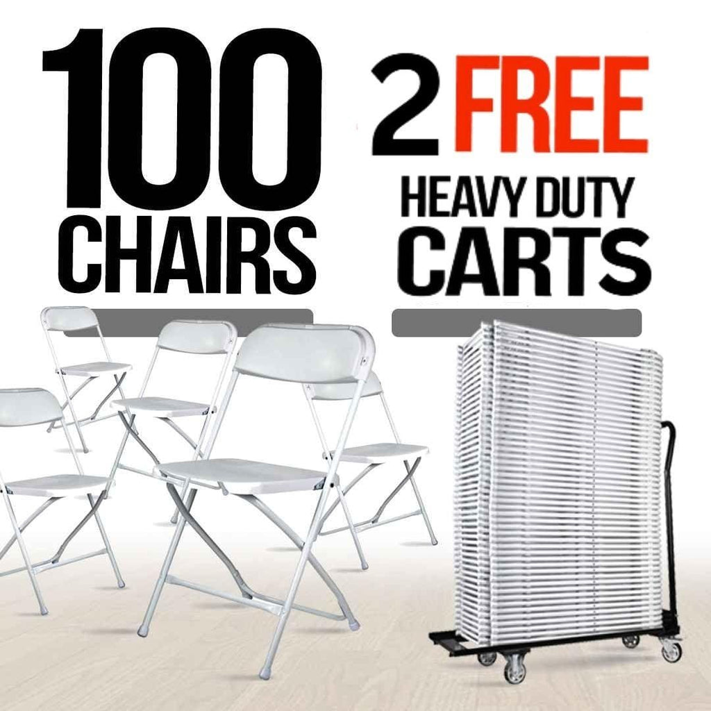 100 Plastic Folding Chair Bundle with 2 Heavy Duty Carts and Safety Straps
