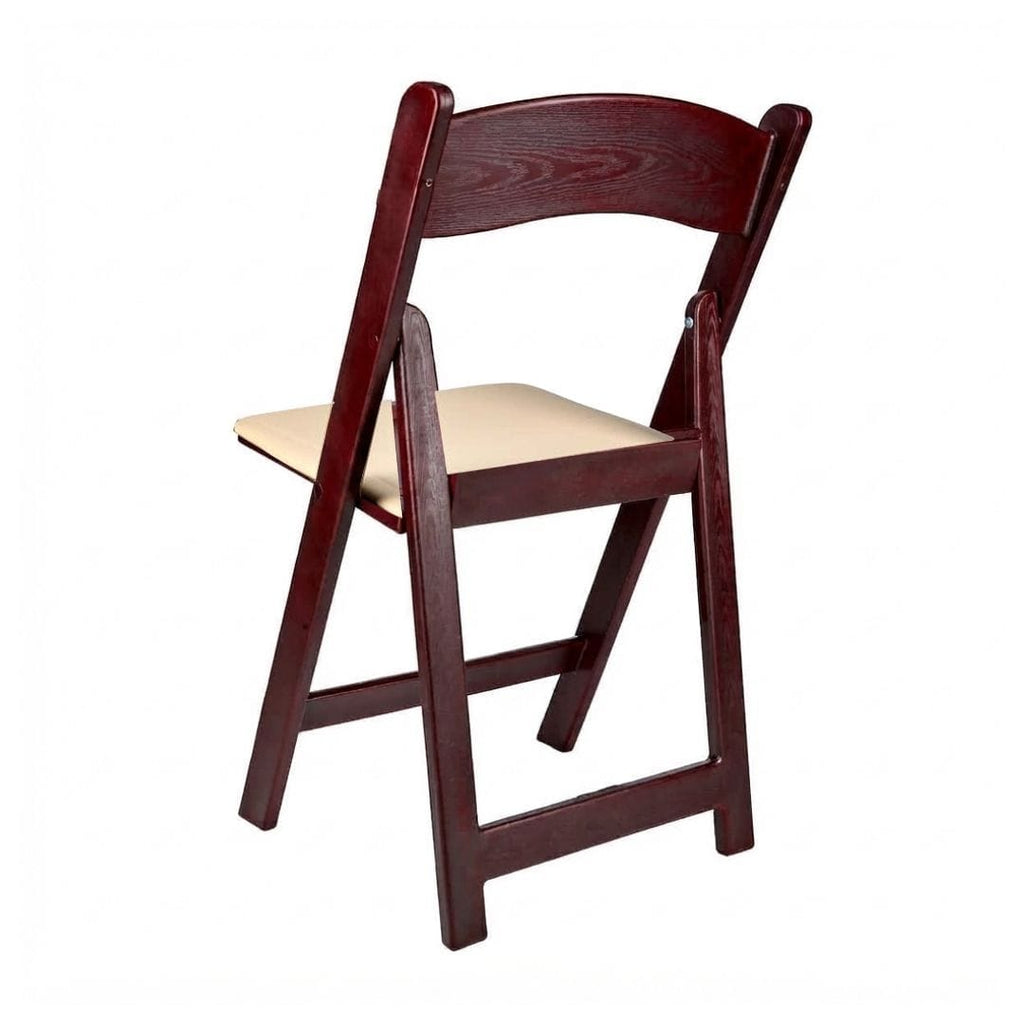 Mahogany Resin Wood-Grain Folding Chair with Tan Cushion