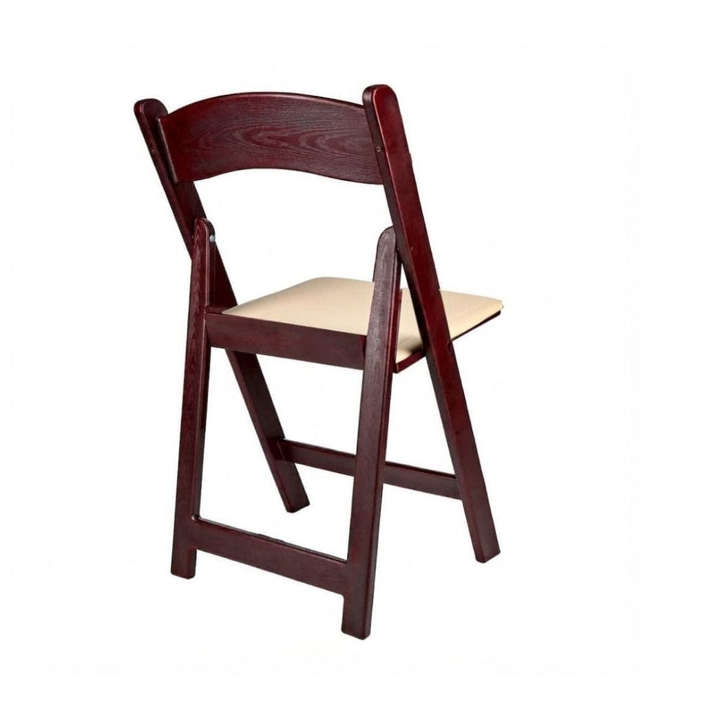Mahogany Resin Wood-Grain Folding Chair with Tan Cushion