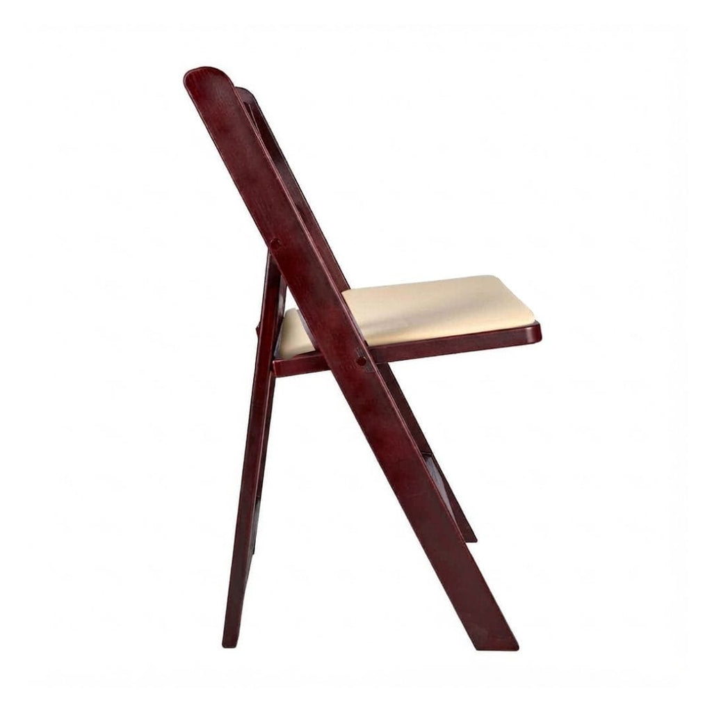 Mahogany Resin Wood-Grain Folding Chair with Tan Cushion