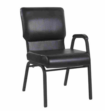 Black Vinyl Church Chair with Left Arm Cut Away Back 20.5" on Black Frame