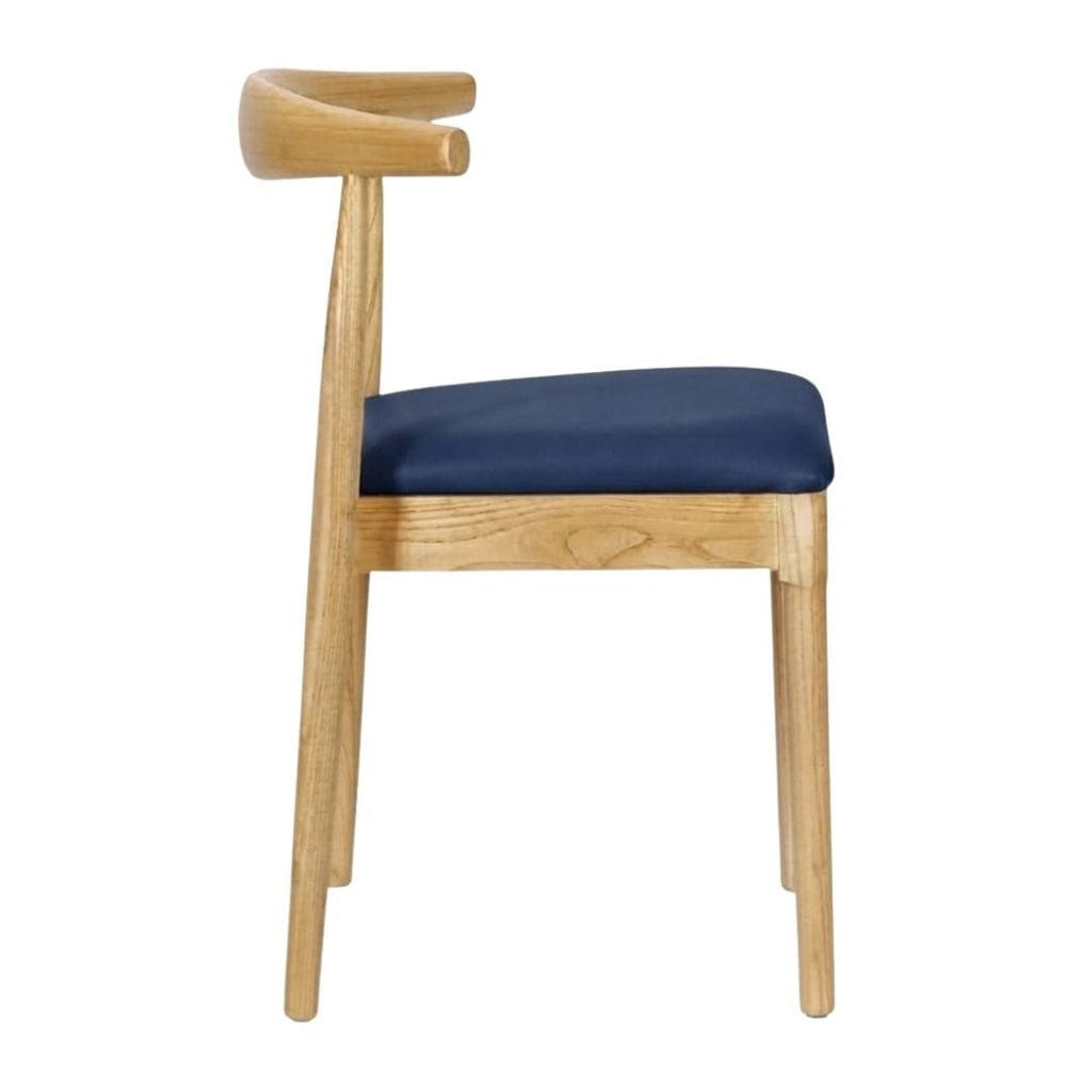 Natural Wood Horn Chair with Navy Blue Vinyl Cushion