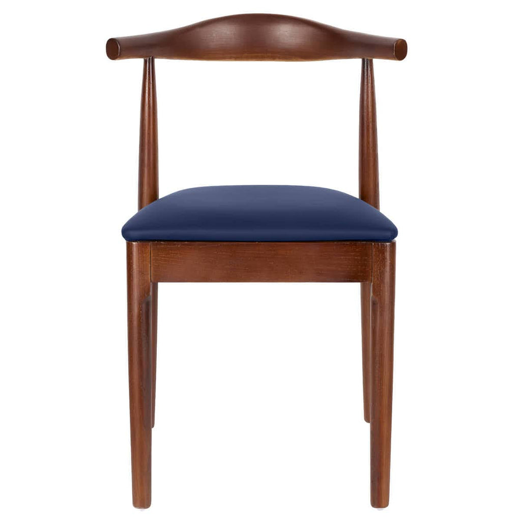Walnut Finish Wood Horn Chair with Navy Blue Vinyl Cushion
