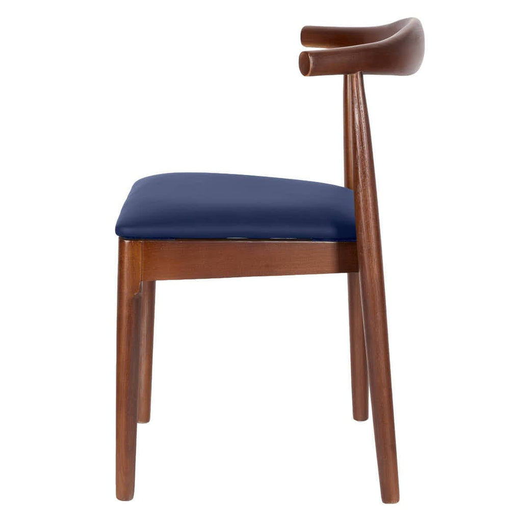 Walnut Finish Wood Horn Chair with Navy Blue Vinyl Cushion