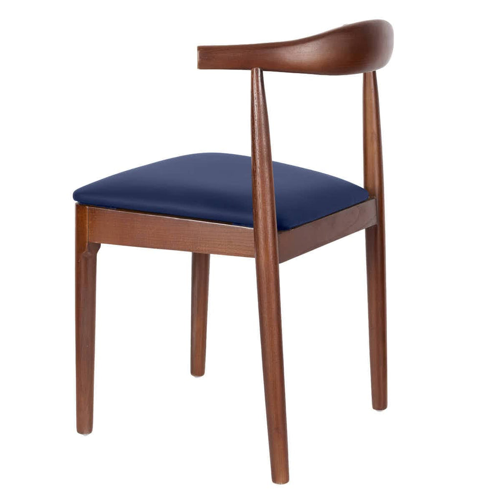 Walnut Finish Wood Horn Chair with Navy Blue Vinyl Cushion