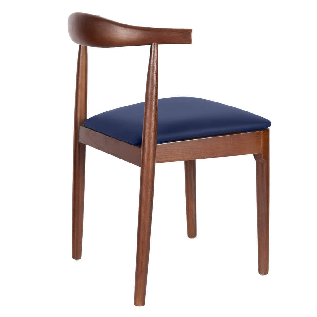 Walnut Finish Wood Horn Chair with Navy Blue Vinyl Cushion