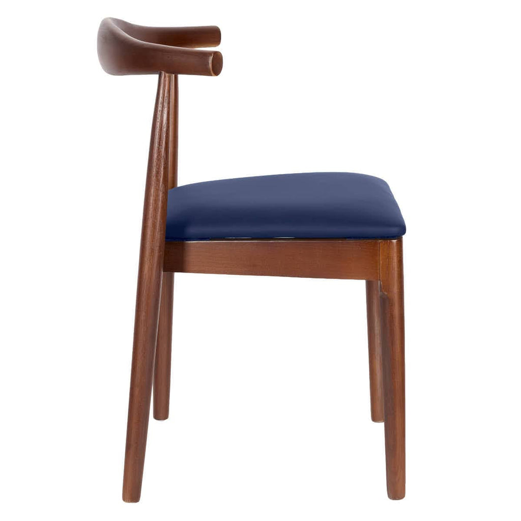 Walnut Finish Wood Horn Chair with Navy Blue Vinyl Cushion