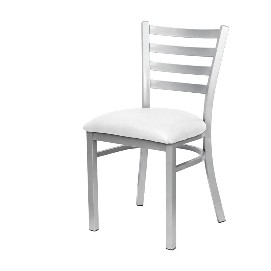 Silver Ladder Back Restaurant Chair with White Vinyl Seat