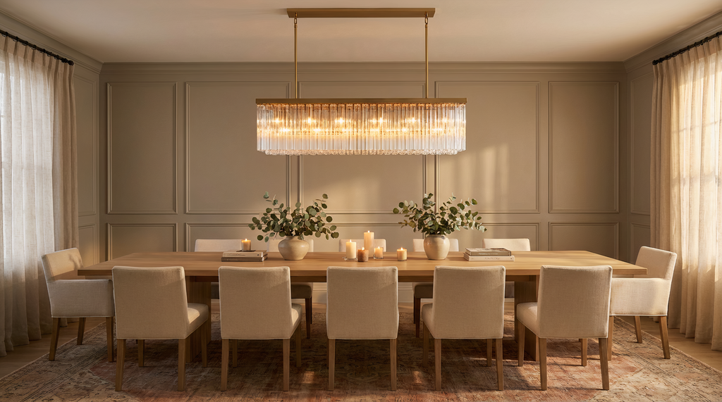 Inspired Cielo Style 73 Inch Rectangular Chandelier Gold Finish - Room Scene