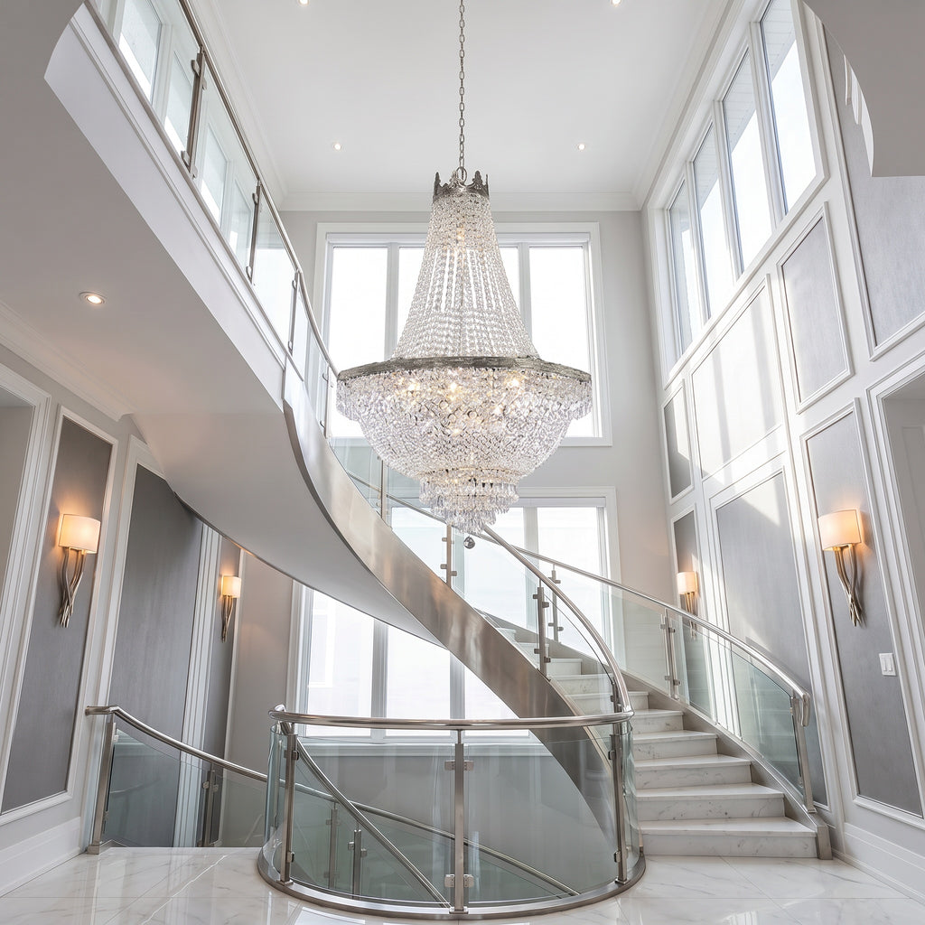 French Empire silver crystal chandelier in a bright modern two-story foyer with curved staircase
