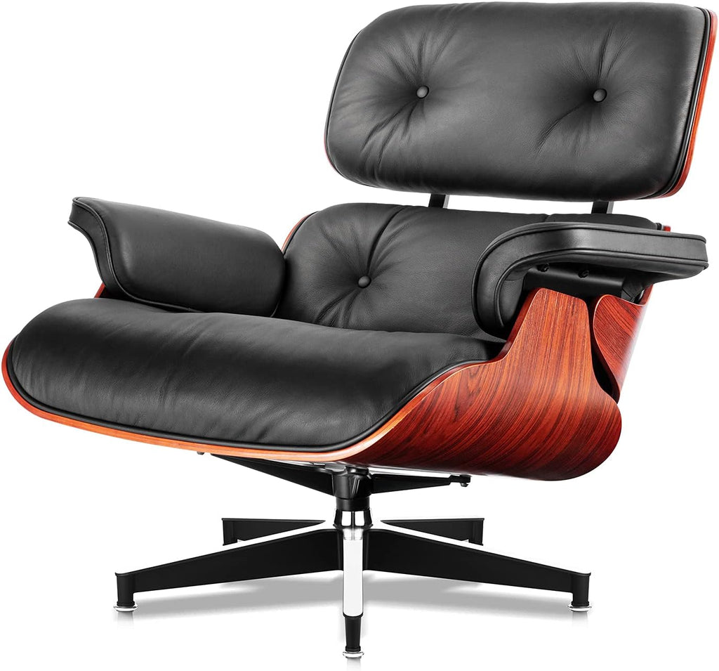 Inspired Eames Style Lounge Chair and Ottoman — Black Top-Grain Leather, Rosewood Base, Upgraded Tall (37″D)