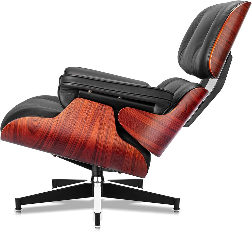 Inspired Eames Style Lounge Chair and Ottoman — Black Top-Grain Leather, Rosewood Base, Upgraded Tall (37″D)