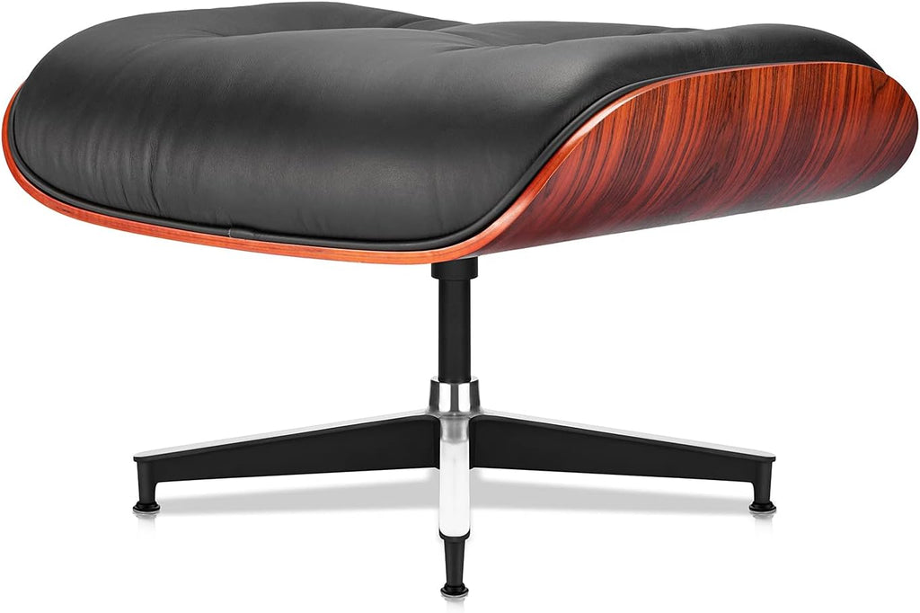 Inspired Eames Style Lounge Chair and Ottoman — Black Top-Grain Leather, Rosewood Base, Upgraded Tall (37″D)