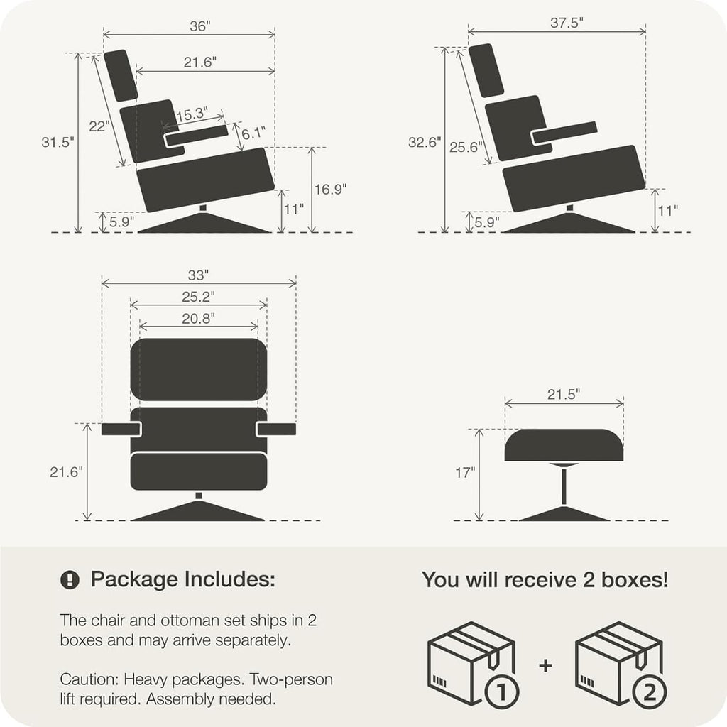 Inspired Eames Style Lounge Chair and Ottoman — Black Top-Grain Leather, Walnut Base, Upgraded Tall (37″D)