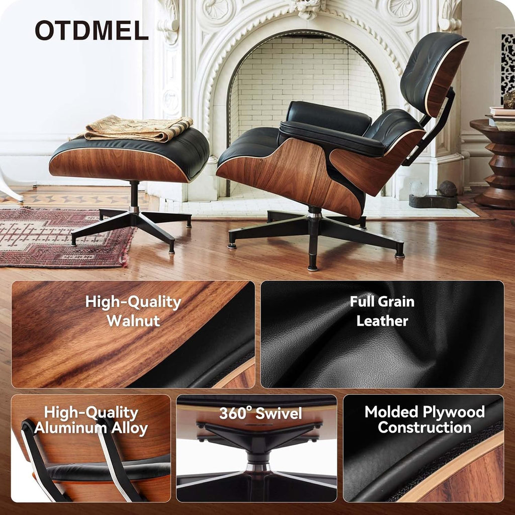 Inspired Eames Style Lounge Chair and Ottoman — Black Top-Grain Leather, Walnut Base, Upgraded Tall (37″D)