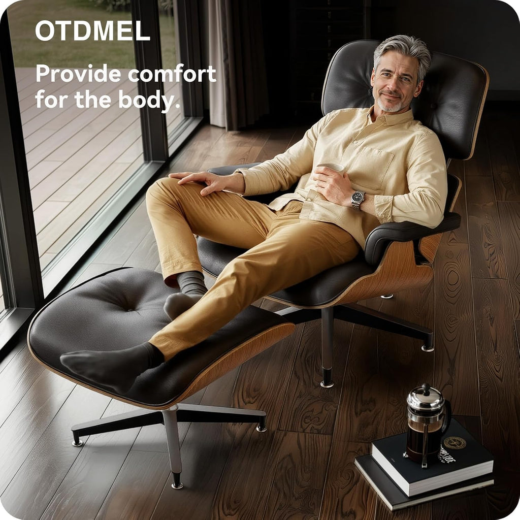 Inspired Eames Style Lounge Chair and Ottoman — Black Top-Grain Leather, Walnut Base, Upgraded Tall (37″D)