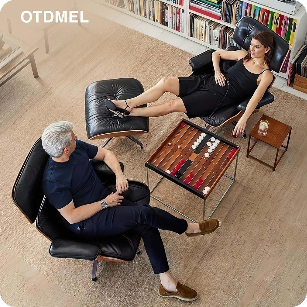Inspired Eames Style Lounge Chair and Ottoman — Black Top-Grain Leather, Walnut Base, Upgraded Tall (37″D)